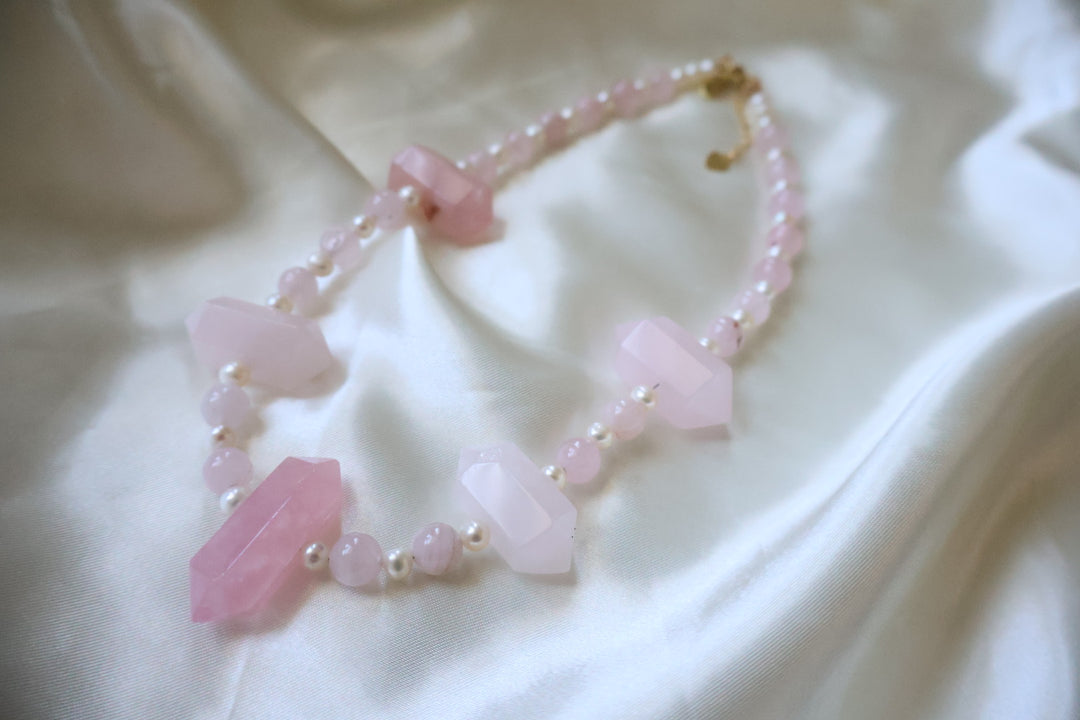 Rose Quartz + pearl necklace