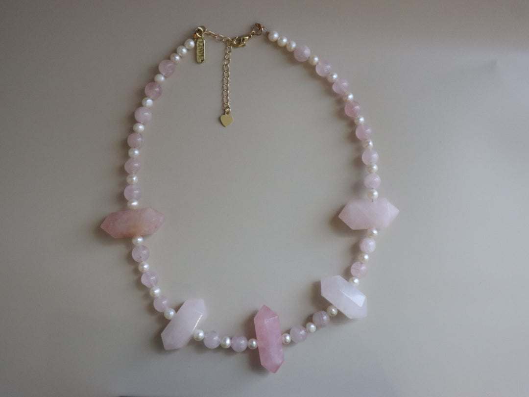 Rose Quartz + pearl necklace